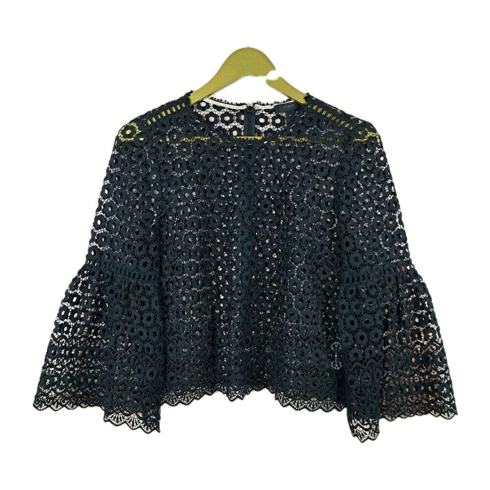 J Crew Size 4 Daisylace Bell Sleeve Top Floral Lace Crochet Black Romantic
